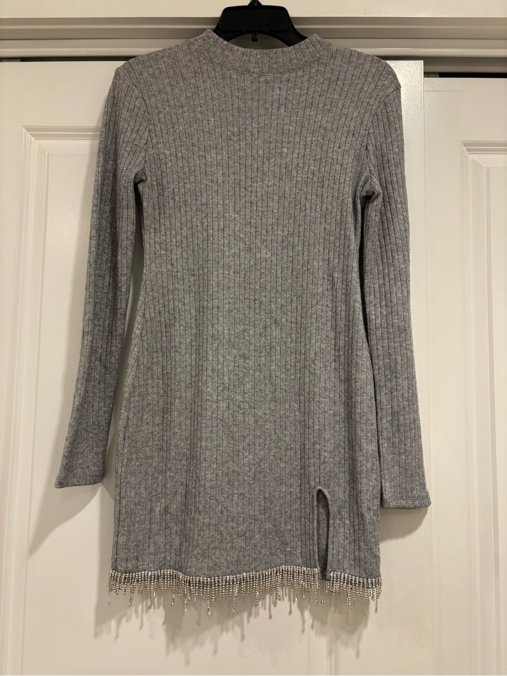 Zara Gray Ribbed Mini Dress with Hem Rhinestone Fringe